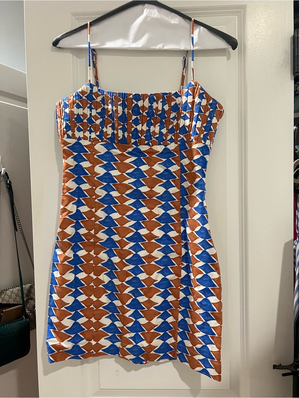 Maeve Blue, Brown & White Geometric Strap Mini Dress